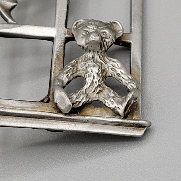 Mystique Teddy Bear Moon in Window Frame Brooch Pin Pewter Silver Tone - Picture 5 of 9